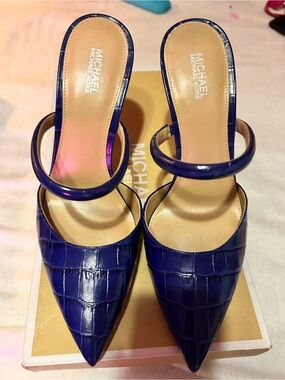 Michael Kors Cobalt Blue Croc-Embossed Pointed Jessa Mule Pump